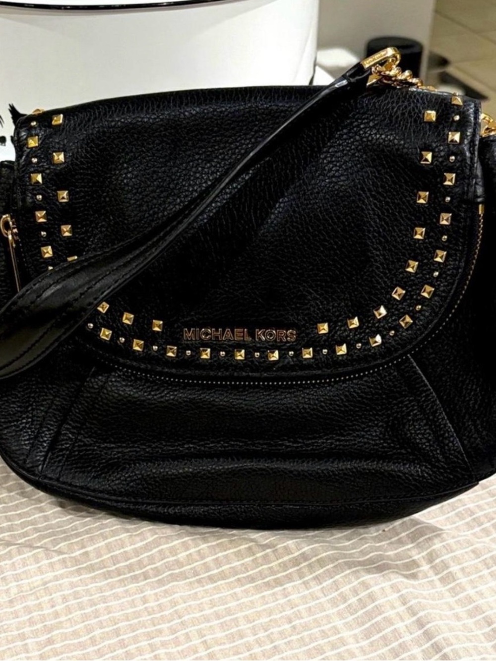 Michael Kors Aria Black Leather Studded Shoulder Bag with Gold Hardware